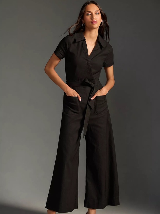 Maeve Pants - Maeve Black Short-Sleeve Utility Jumpsuit